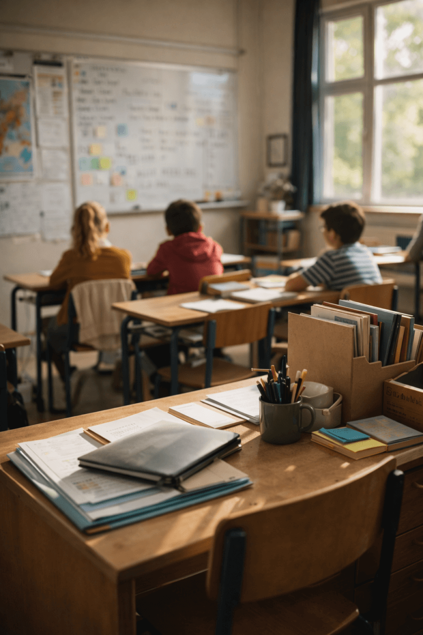 Moderner Klassenraum mit Tischen, Stühlen und digitaler Tafel.