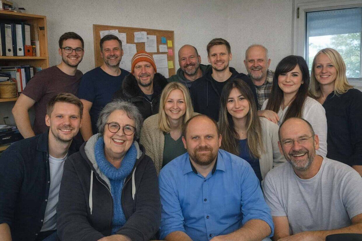 Teamfoto mit mehreren Personen in professioneller Arbeitsumgebung.