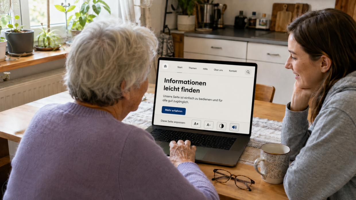 Eine ältere Frau sitzt vor einem Computer mit offensichtlich vergrößerter Schrift
