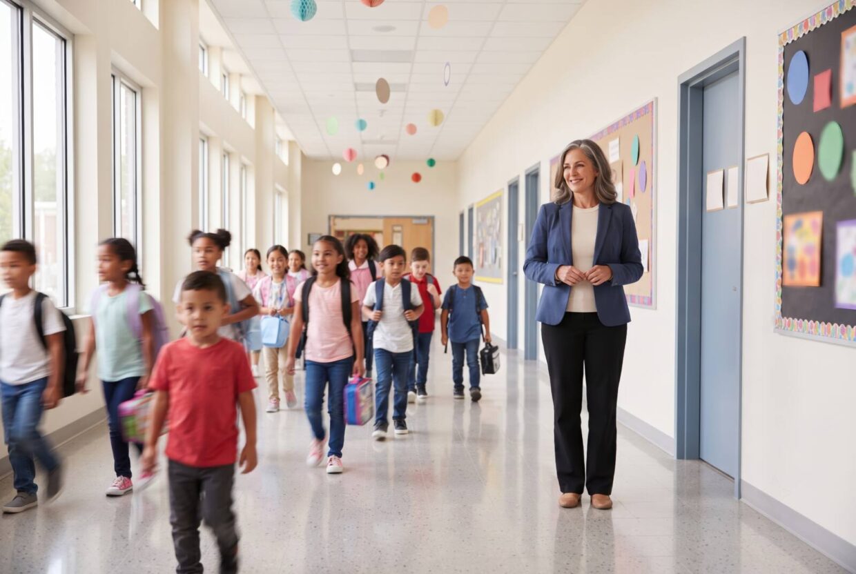 Viele Kinder und eine Erwachsene in einem großen Flur